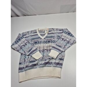 Vintage London Fog Sweater Mens Large Multicolor Knit V Neck Pullover USA 80s